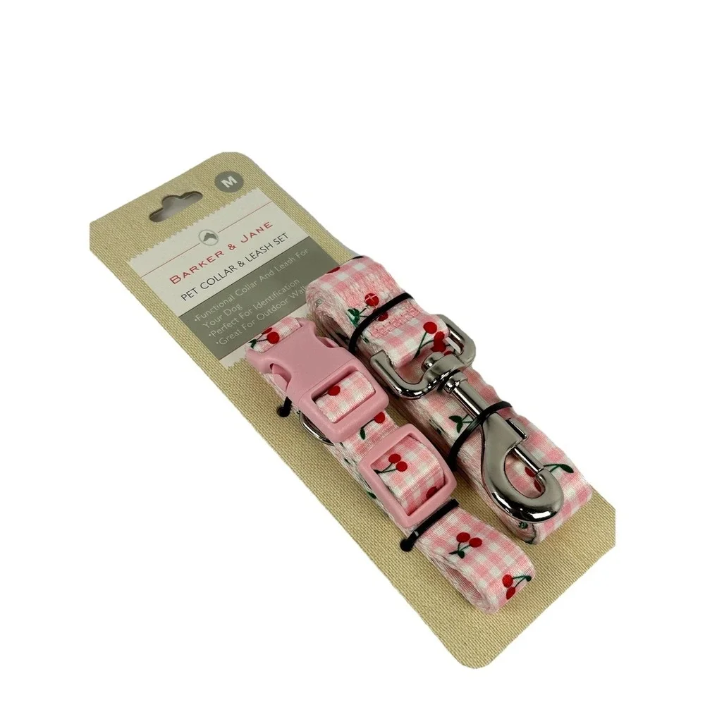 Barker & Jane Dog Collar Leash Set Pink Gingham Cherry Medium New